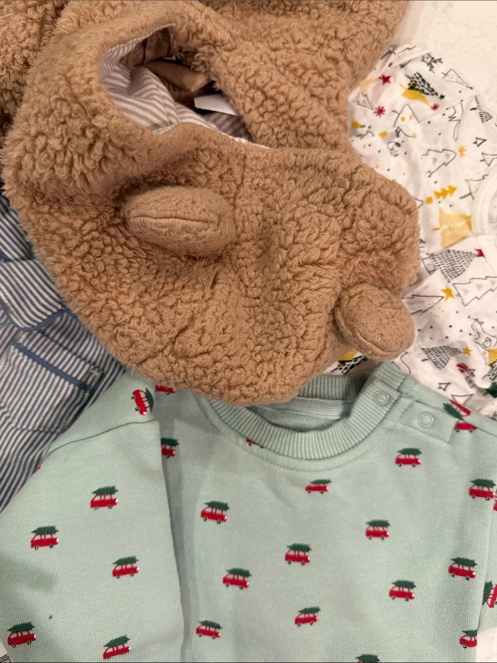 3 month holiday wear including Cozy Brown Sherpa Footed One-Piece